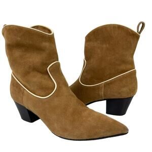 L`autre Chose Women's Leather Suede Pointed Western Heel Ankle Boots Size 38 Tan
